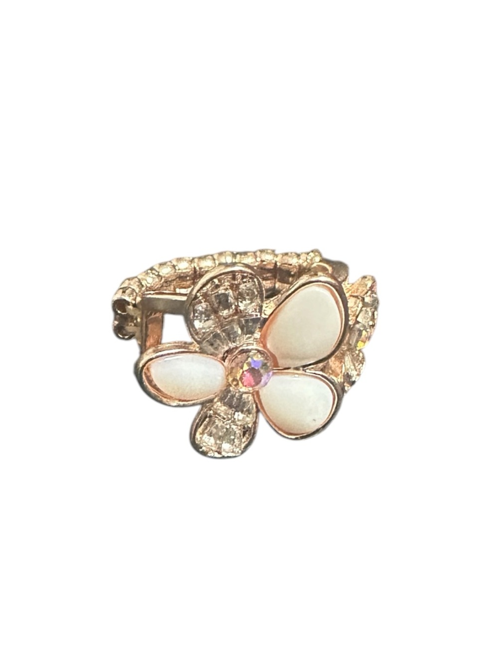 Rose Gold Tone Floral Statement Ring White Rhinestone Stretch Band
